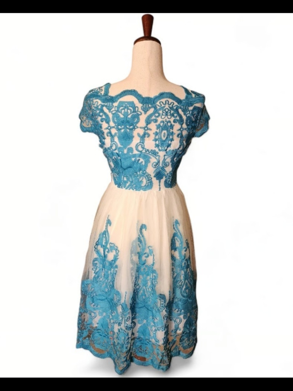 Blue Embroidered Lace Fit-and-Flare Dress (Medium)